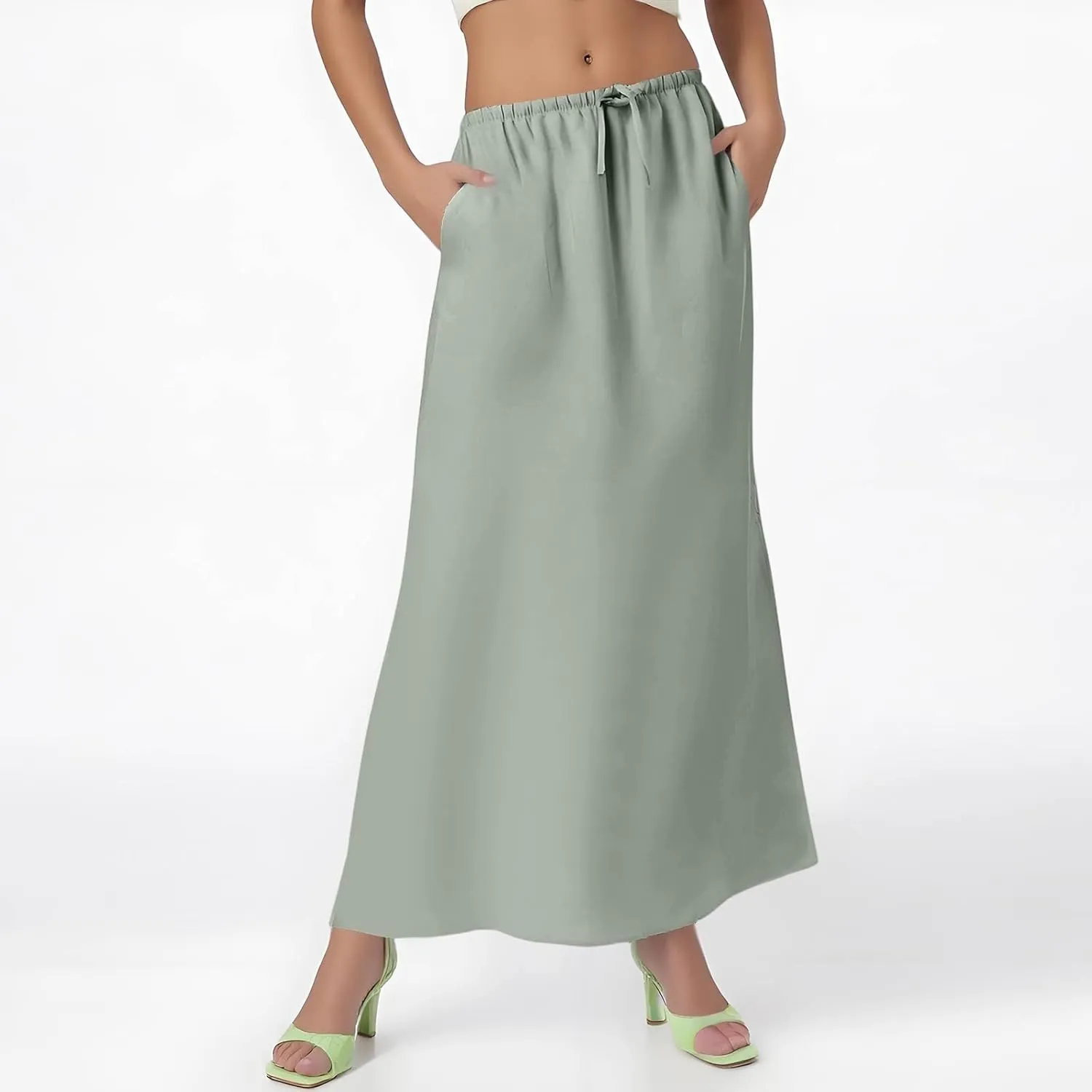Women's Summer Skirts Linen Maxi Skirts Back Slit Elastic High Waisted A Line Skirt Beach Drawstring Long Skirts