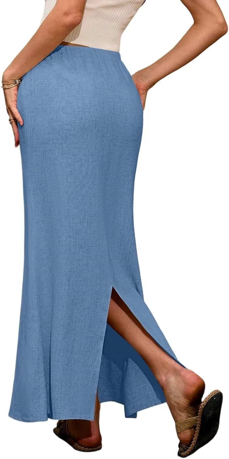 Women's Summer Skirts Linen Maxi Skirts Back Slit Elastic High Waisted A Line Skirt Beach Drawstring Long Skirts