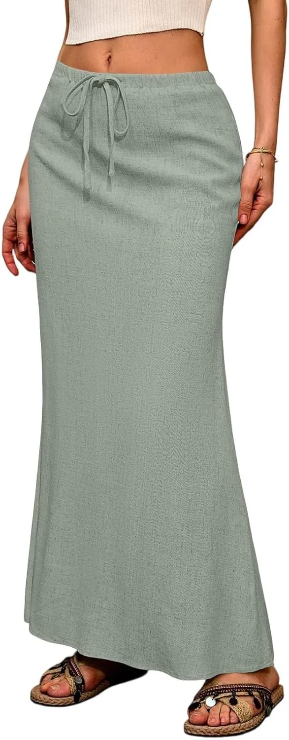 Women's Summer Skirts Linen Maxi Skirts Back Slit Elastic High Waisted A Line Skirt Beach Drawstring Long Skirts
