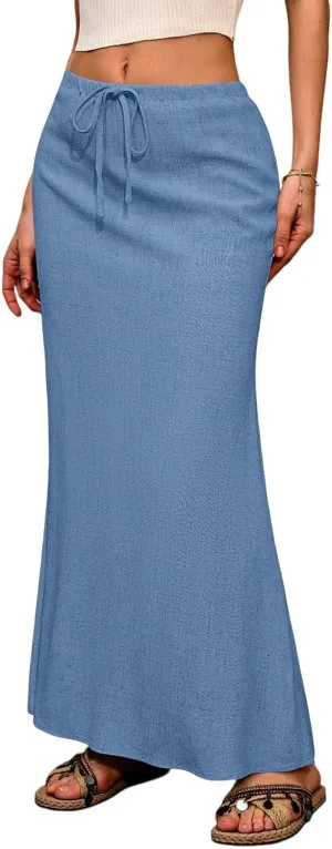 Women's Summer Skirts Linen Maxi Skirts Back Slit Elastic High Waisted A Line Skirt Beach Drawstring Long Skirts