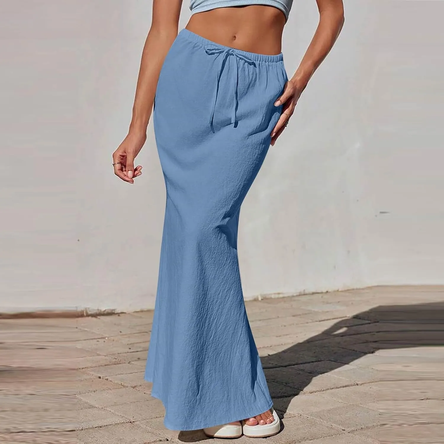 Women's Summer Skirts Linen Maxi Skirts Back Slit Elastic High Waisted A Line Skirt Beach Drawstring Long Skirts