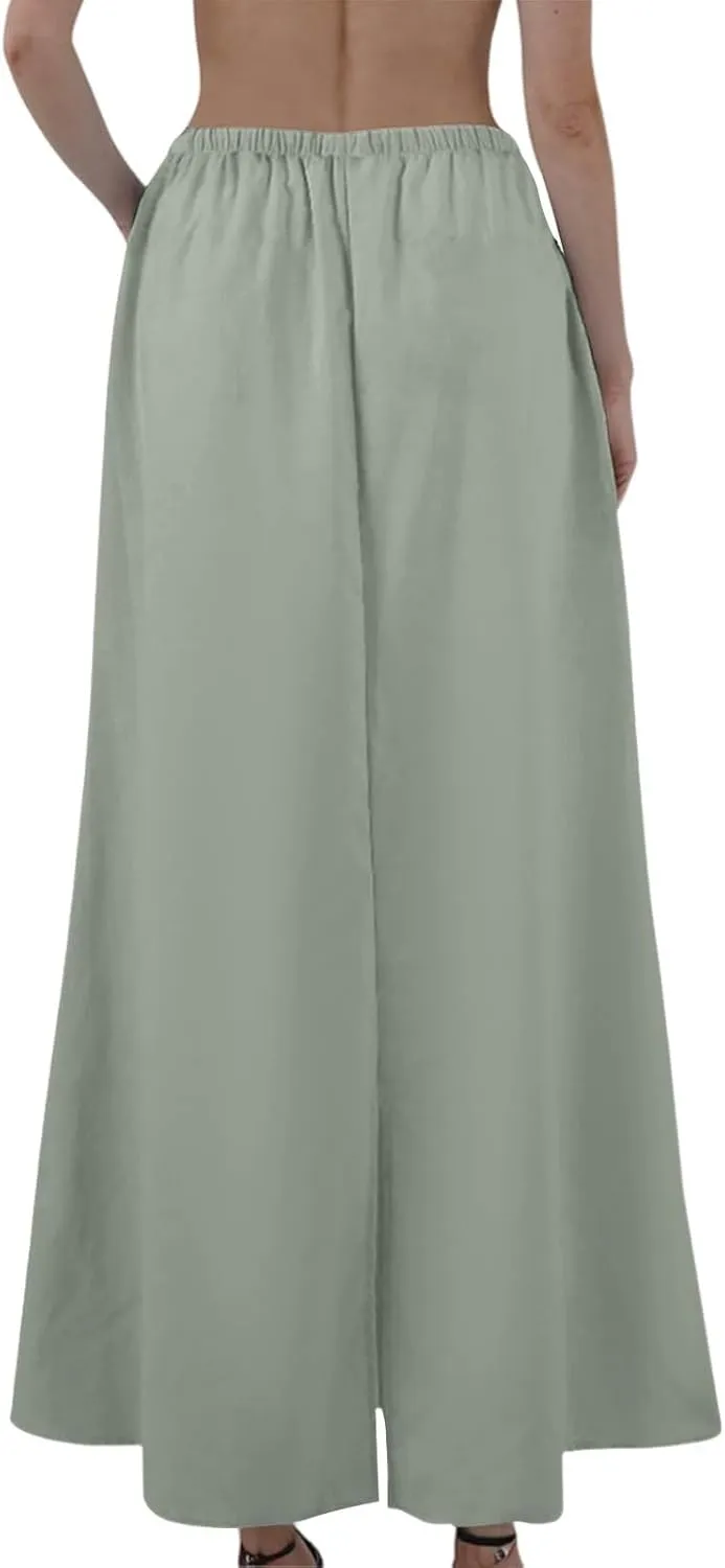 Women's Summer Skirts Linen Maxi Skirts Back Slit Elastic High Waisted A Line Skirt Beach Drawstring Long Skirts