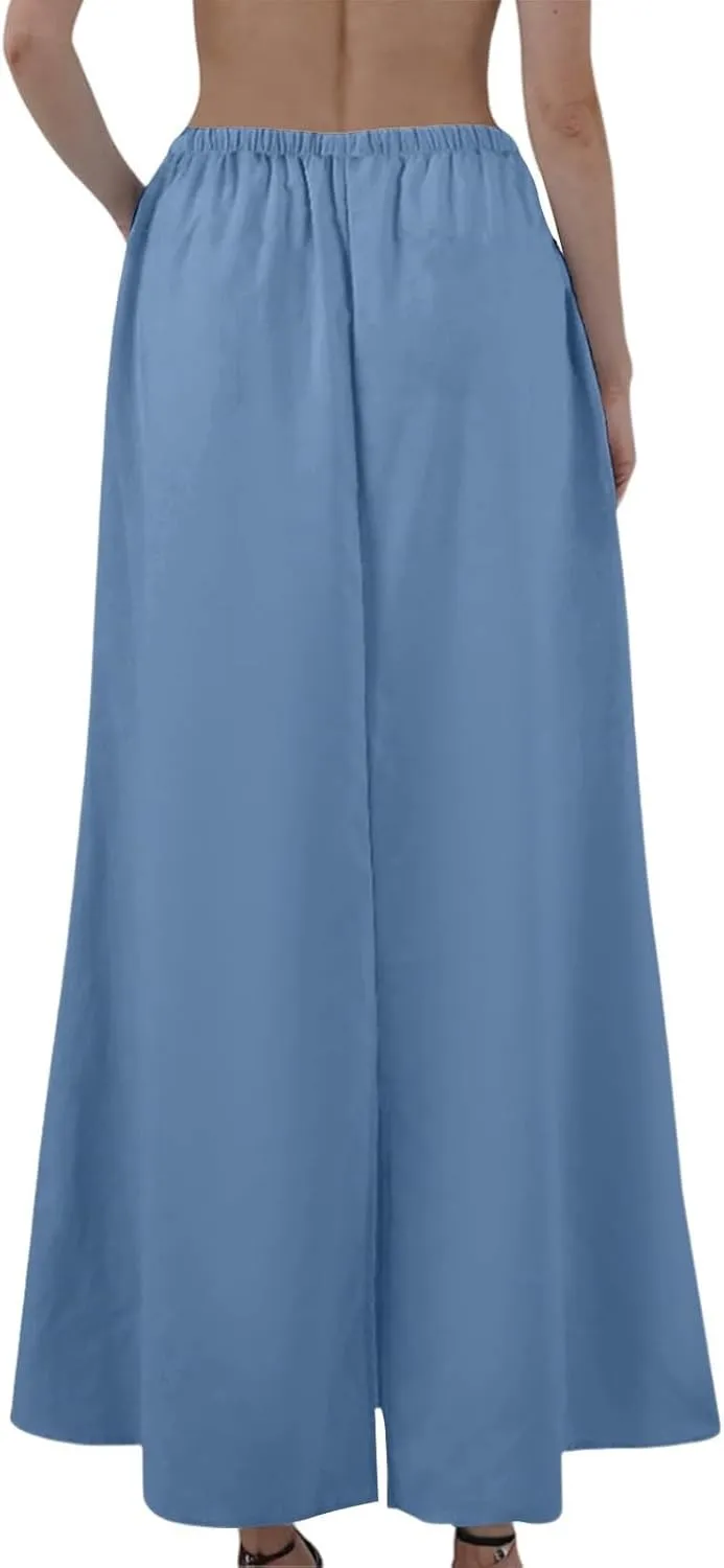 Women's Summer Skirts Linen Maxi Skirts Back Slit Elastic High Waisted A Line Skirt Beach Drawstring Long Skirts