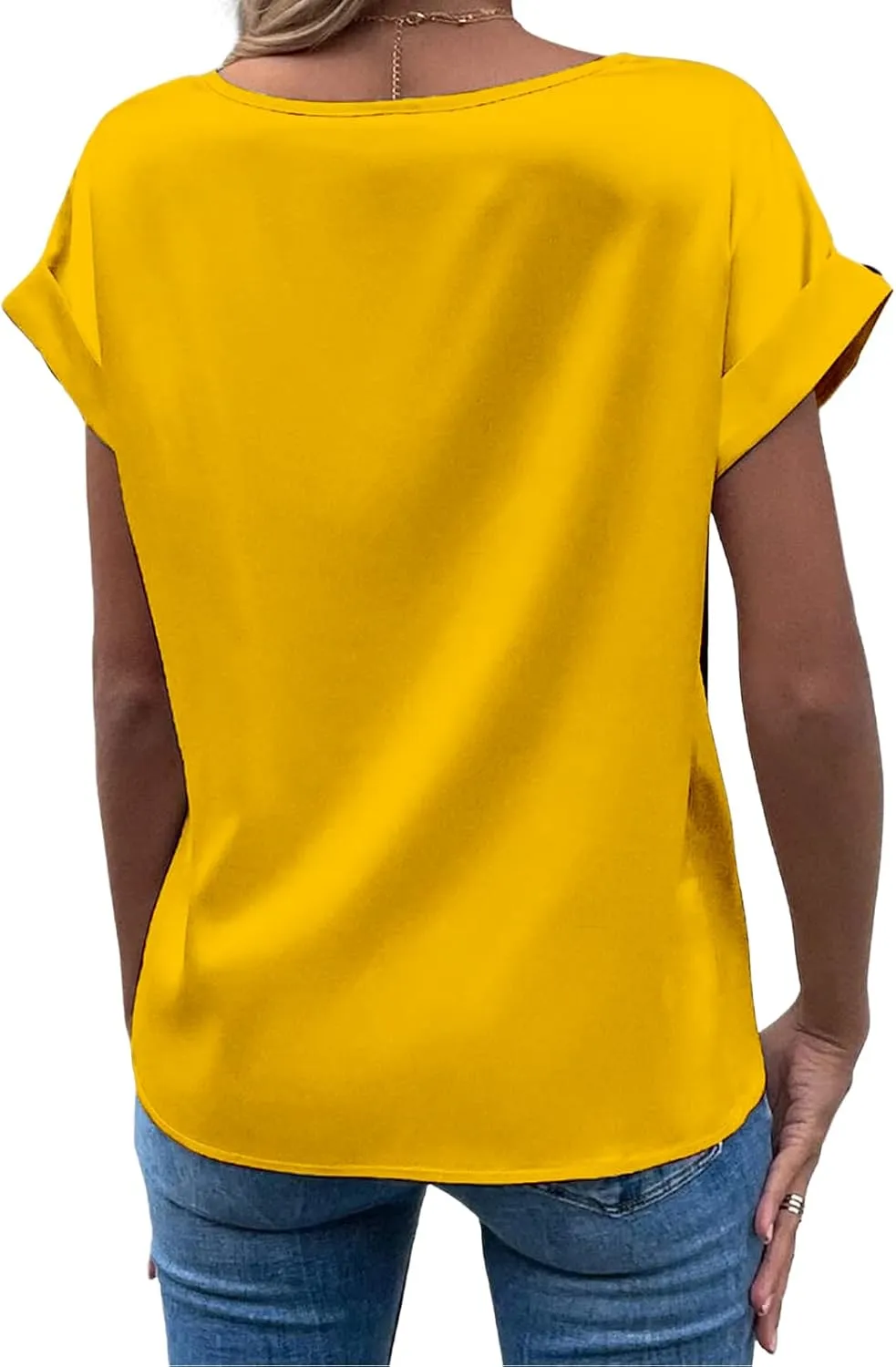 Womens Summer Tops Casual Comfortable Short Sleeve Shirts Loose Crew Neck Silk Shirts Fashion Work Office Blouse Tops
