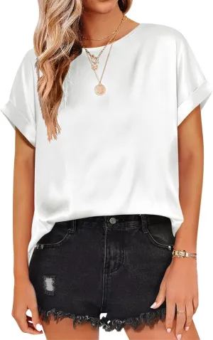 Womens Summer Tops Casual Comfortable Short Sleeve Shirts Loose Crew Neck Silk Shirts Fashion Work Office Blouse Tops