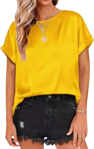 Womens Summer Tops Casual Comfortable Short Sleeve Shirts Loose Crew Neck Silk Shirts Fashion Work Office Blouse Tops