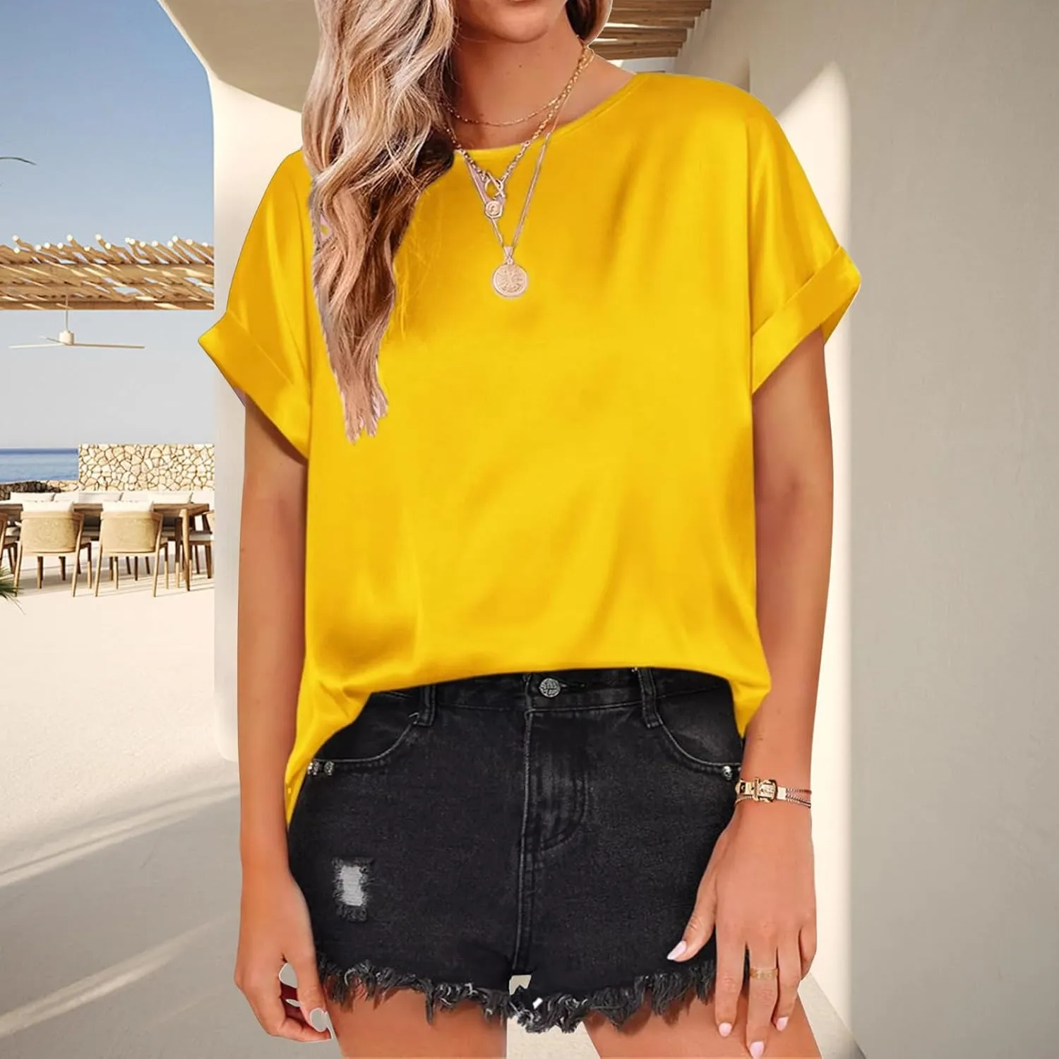 Womens Summer Tops Casual Comfortable Short Sleeve Shirts Loose Crew Neck Silk Shirts Fashion Work Office Blouse Tops