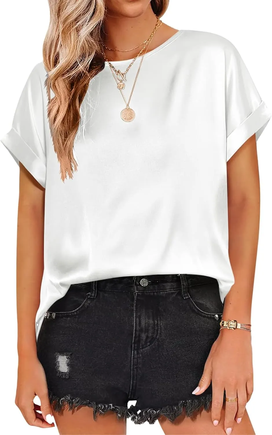 Womens Summer Tops Casual Comfortable Short Sleeve Shirts Loose Crew Neck Silk Shirts Fashion Work Office Blouse Tops