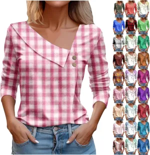 Womens Summer Tops Dressy Casual Long Sleeve Asymmetric V Neck Button Shirts Spring Fashion Slim Fit Western Blouses