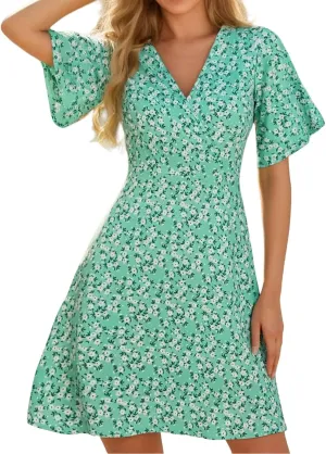 Womens Sundress Summer Casual Floral Short Sleeve Wrap V Neck A-Line Midi Dress Vacation Beach Dresses