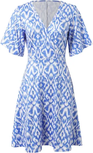 Womens Sundress Summer Casual Floral Short Sleeve Wrap V Neck A-Line Midi Dress Vacation Beach Dresses