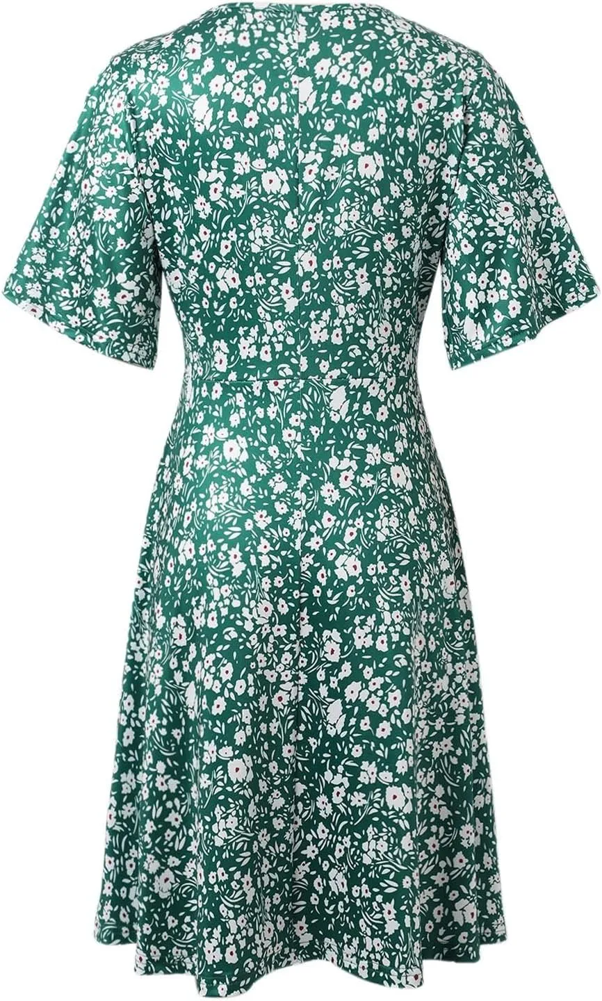 Womens Sundress Summer Casual Floral Short Sleeve Wrap V Neck A-Line Midi Dress Vacation Beach Dresses