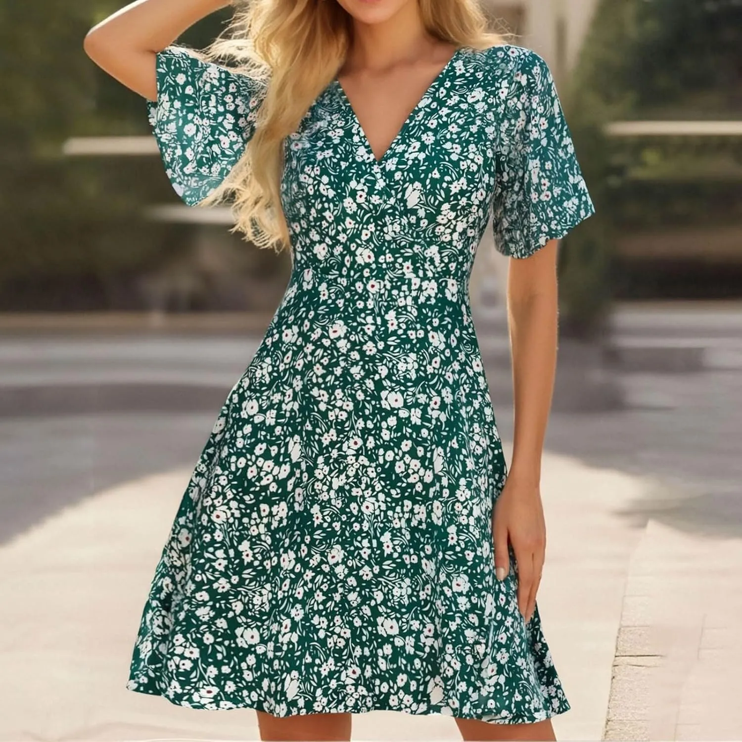 Womens Sundress Summer Casual Floral Short Sleeve Wrap V Neck A-Line Midi Dress Vacation Beach Dresses