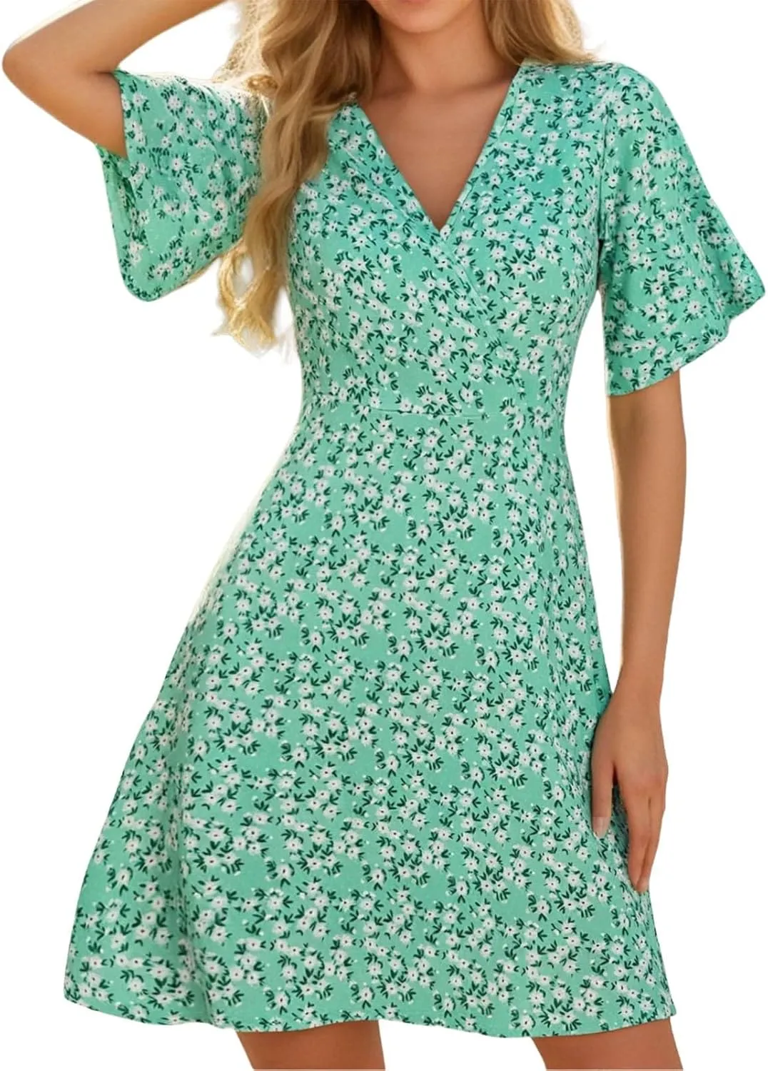 Womens Sundress Summer Casual Floral Short Sleeve Wrap V Neck A-Line Midi Dress Vacation Beach Dresses
