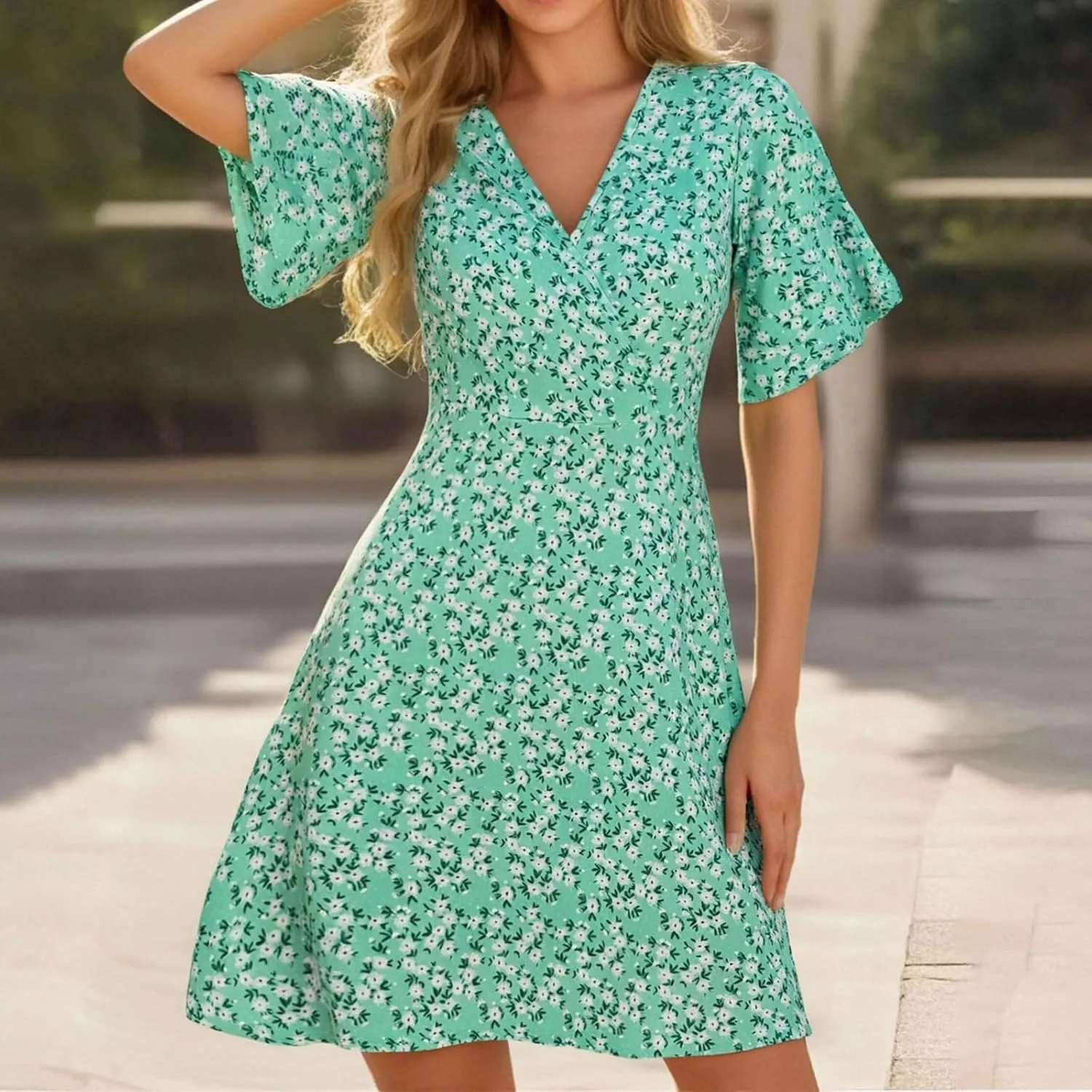 Womens Sundress Summer Casual Floral Short Sleeve Wrap V Neck A-Line Midi Dress Vacation Beach Dresses