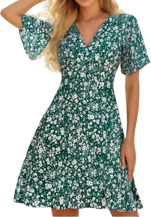 Womens Sundress Summer Casual Floral Short Sleeve Wrap V Neck A-Line Midi Dress Vacation Beach Dresses