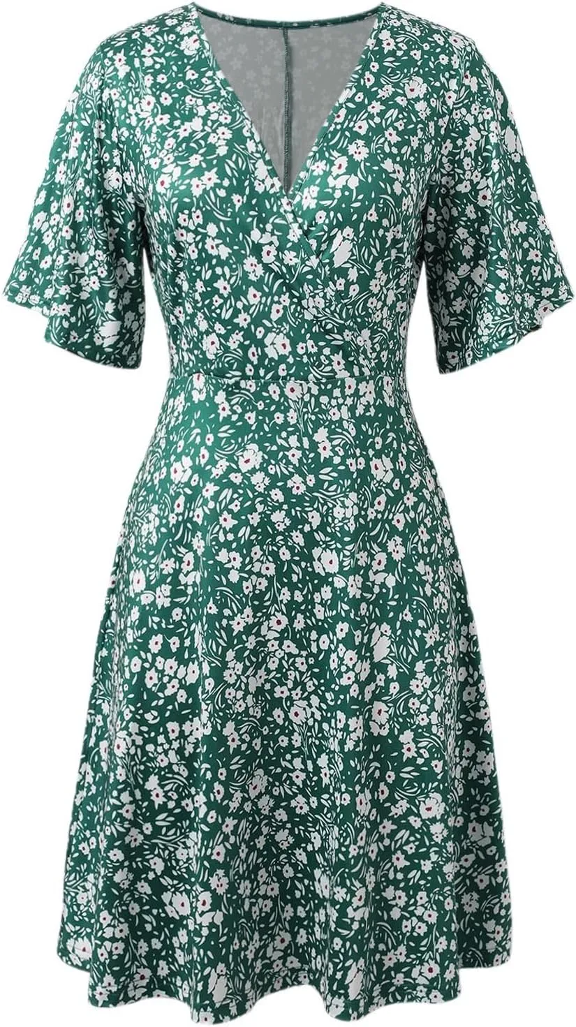 Womens Sundress Summer Casual Floral Short Sleeve Wrap V Neck A-Line Midi Dress Vacation Beach Dresses