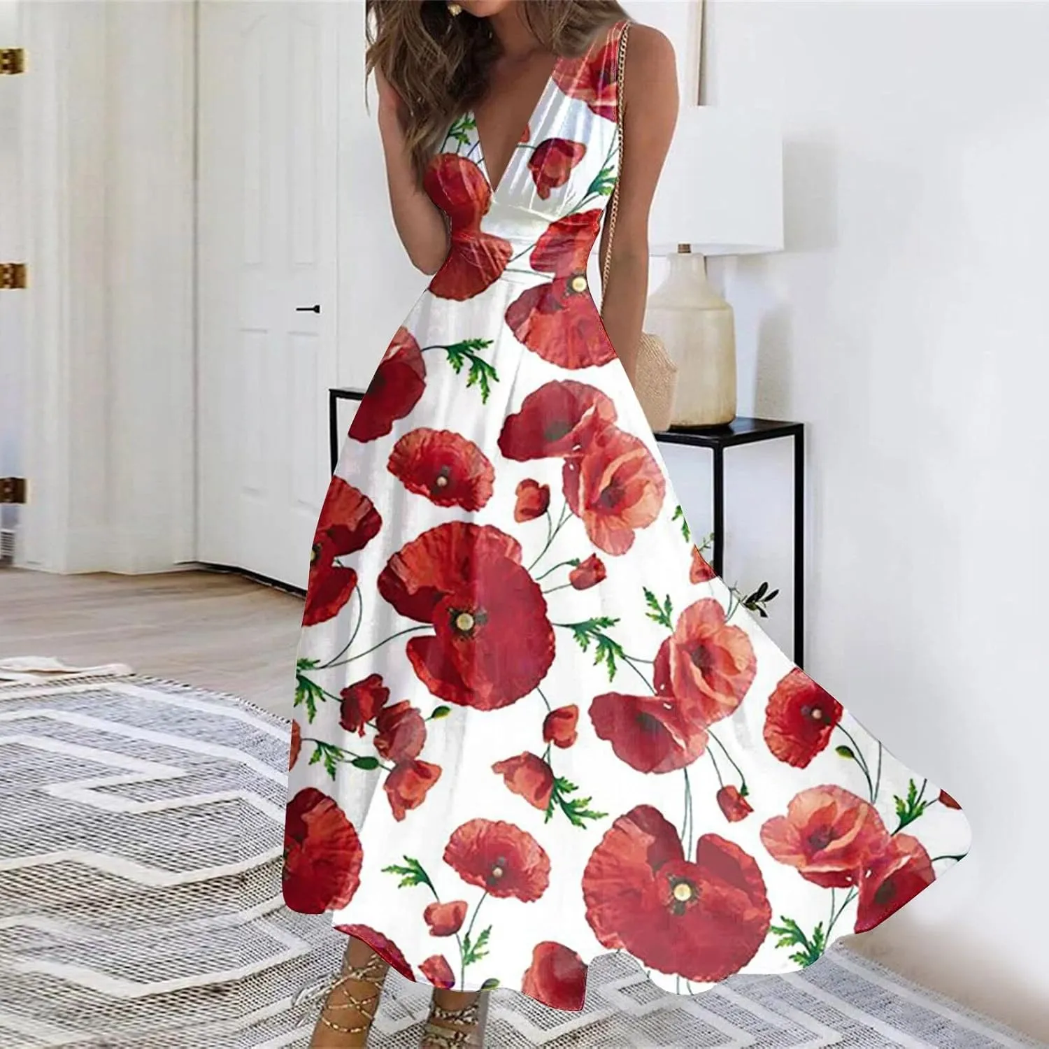 Womens Sundress Summer Floral Short Sleeve Wrap V Neck A-Line Midi Dress 2025 Elegant Flowy Beach Swing Dresses