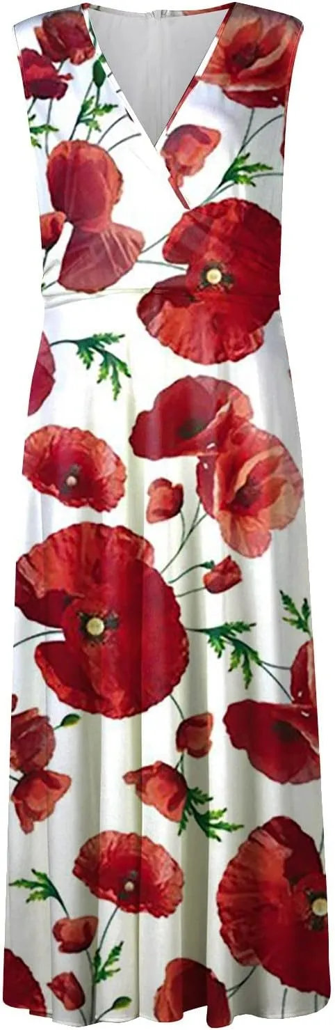 Womens Sundress Summer Floral Short Sleeve Wrap V Neck A-Line Midi Dress 2025 Elegant Flowy Beach Swing Dresses