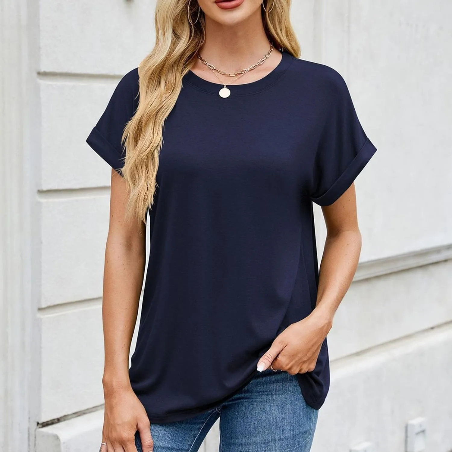 Womens T Shirts Plain Crew Neck Short Sleeve Cotton Oversized Tshirts Casual Loose Basic Tees Cute Summer Tops