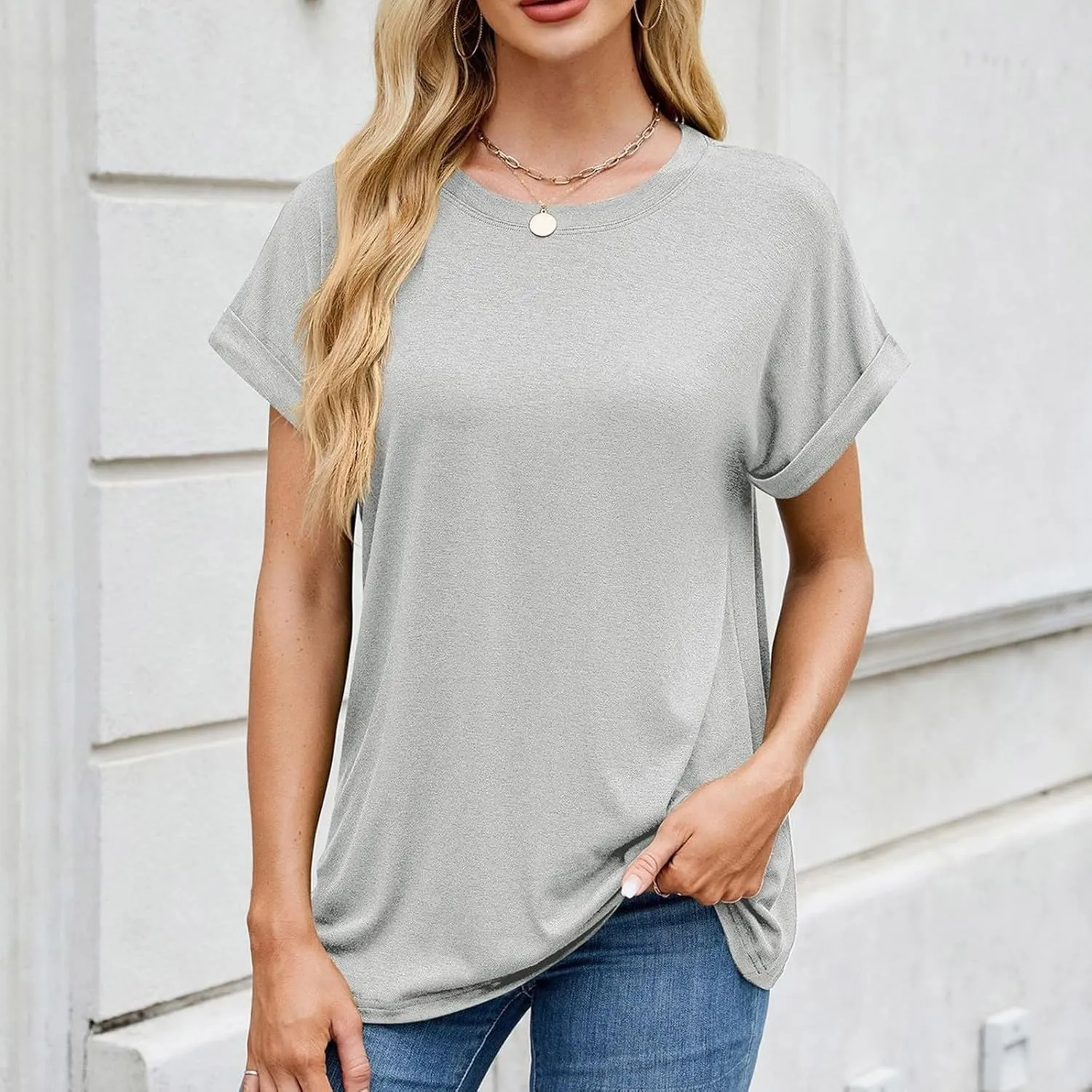 Womens T Shirts Plain Crew Neck Short Sleeve Cotton Oversized Tshirts Casual Loose Basic Tees Cute Summer Tops