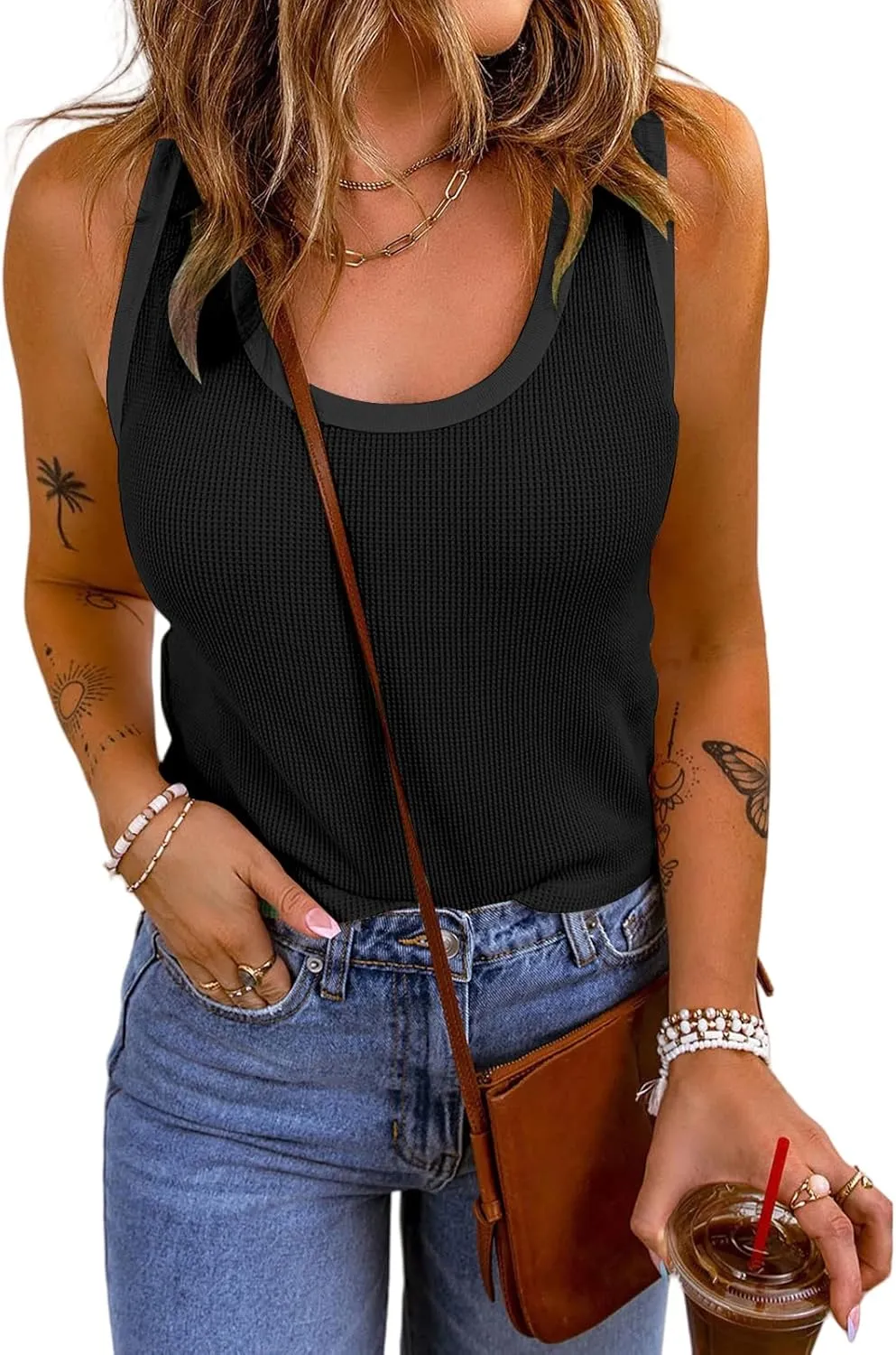 Womens Tank Tops Comfortable Soft Waffle T Shirt Fashion Casual Sleeveless Scoop Neck Tees Loose Fit Yoga Workout Shirt