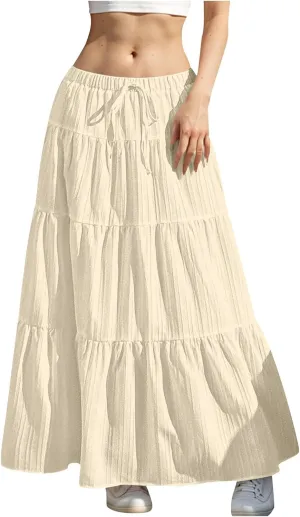 Women's Tiered Maxi Skirts Elastic Waist Casual Summer Skirt Long A Line Flowy Skirts for Beach Vacation Boho Skirts