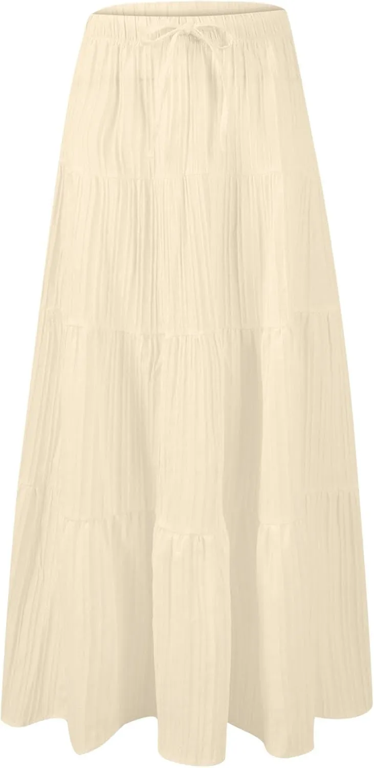 Women's Tiered Maxi Skirts Elastic Waist Casual Summer Skirt Long A Line Flowy Skirts for Beach Vacation Boho Skirts