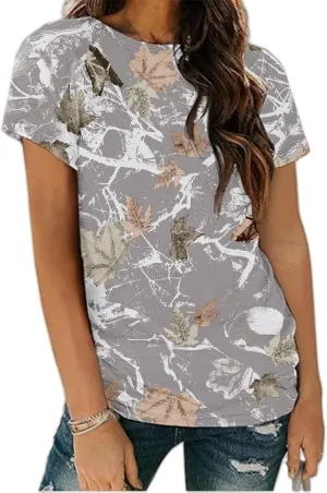 Womens Tops 2025 Casual Maple Leaf Print Graphic Tee Tops Fashion Summer T Shirts Comfy Crew Neck Short Sleeve T-Shirts