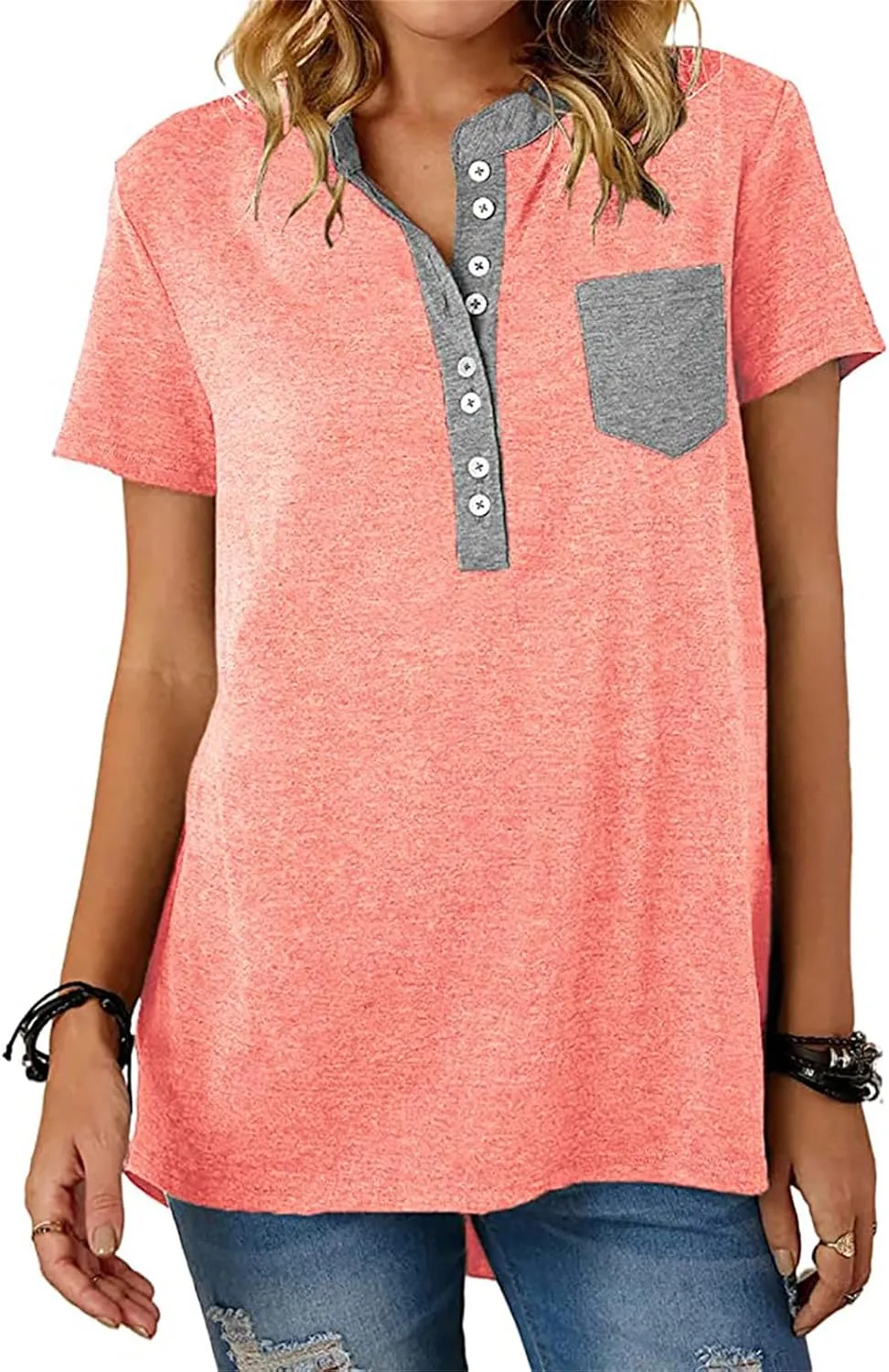 Womens Tshirts Fashion V Neck Buttons Down Tops Short Sleeve Casual Tees Shirts Summer Loose Fit Tops Blouses for Work