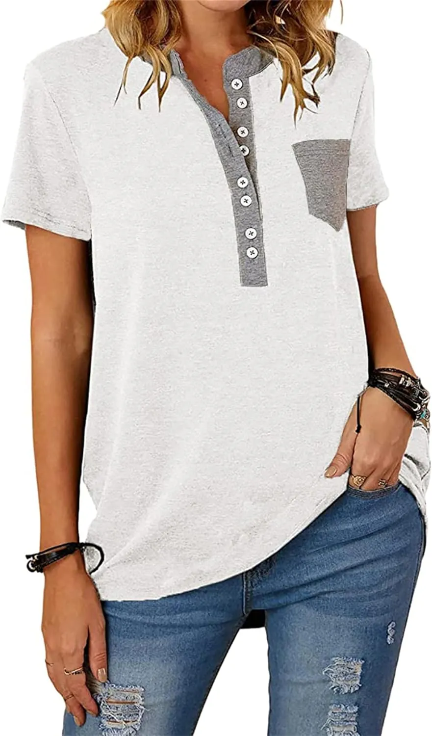 Womens Tshirts Fashion V Neck Buttons Down Tops Short Sleeve Casual Tees Shirts Summer Loose Fit Tops Blouses for Work