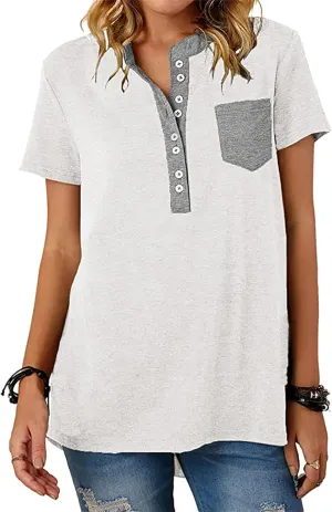 Womens Tshirts Fashion V Neck Buttons Down Tops Short Sleeve Casual Tees Shirts Summer Loose Fit Tops Blouses for Work