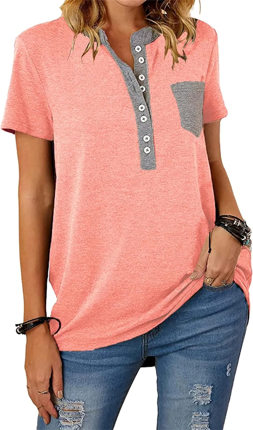 Womens Tshirts Fashion V Neck Buttons Down Tops Short Sleeve Casual Tees Shirts Summer Loose Fit Tops Blouses for Work