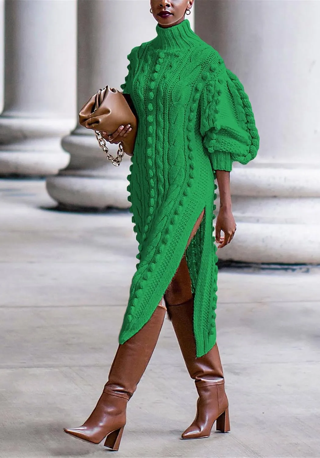 Womens Turtleneck Sweater Maxi Dress Lantern Long Sleeve Ribbed Knit Bodycon Slit Dresses