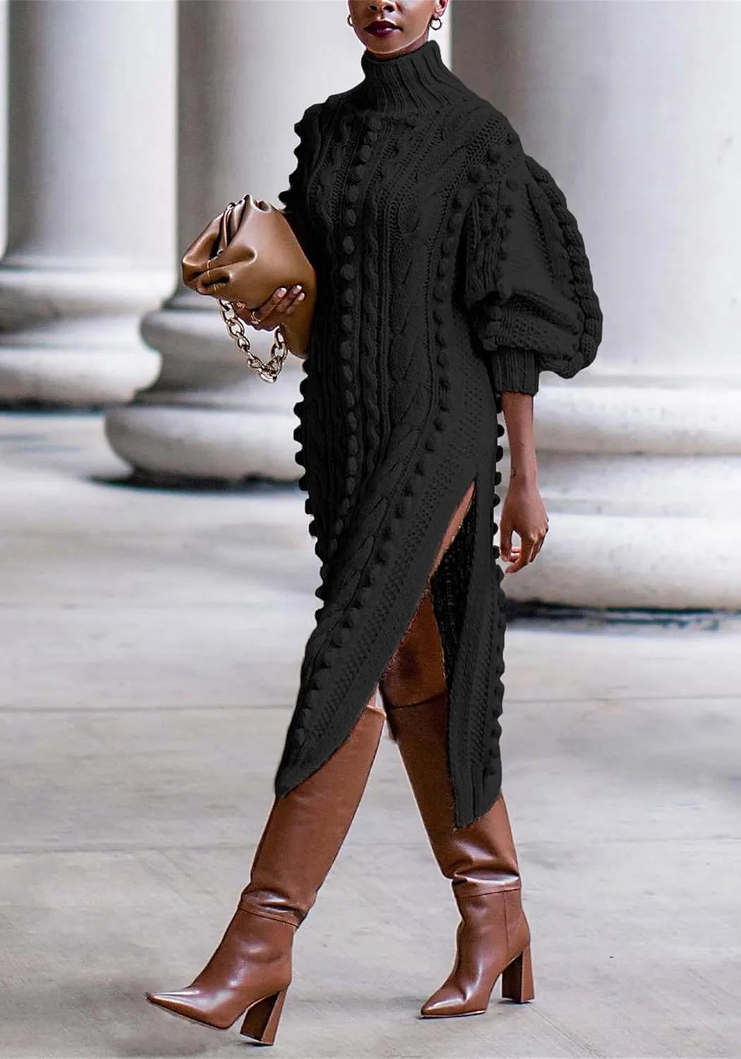 Womens Turtleneck Sweater Maxi Dress Lantern Long Sleeve Ribbed Knit Bodycon Slit Dresses