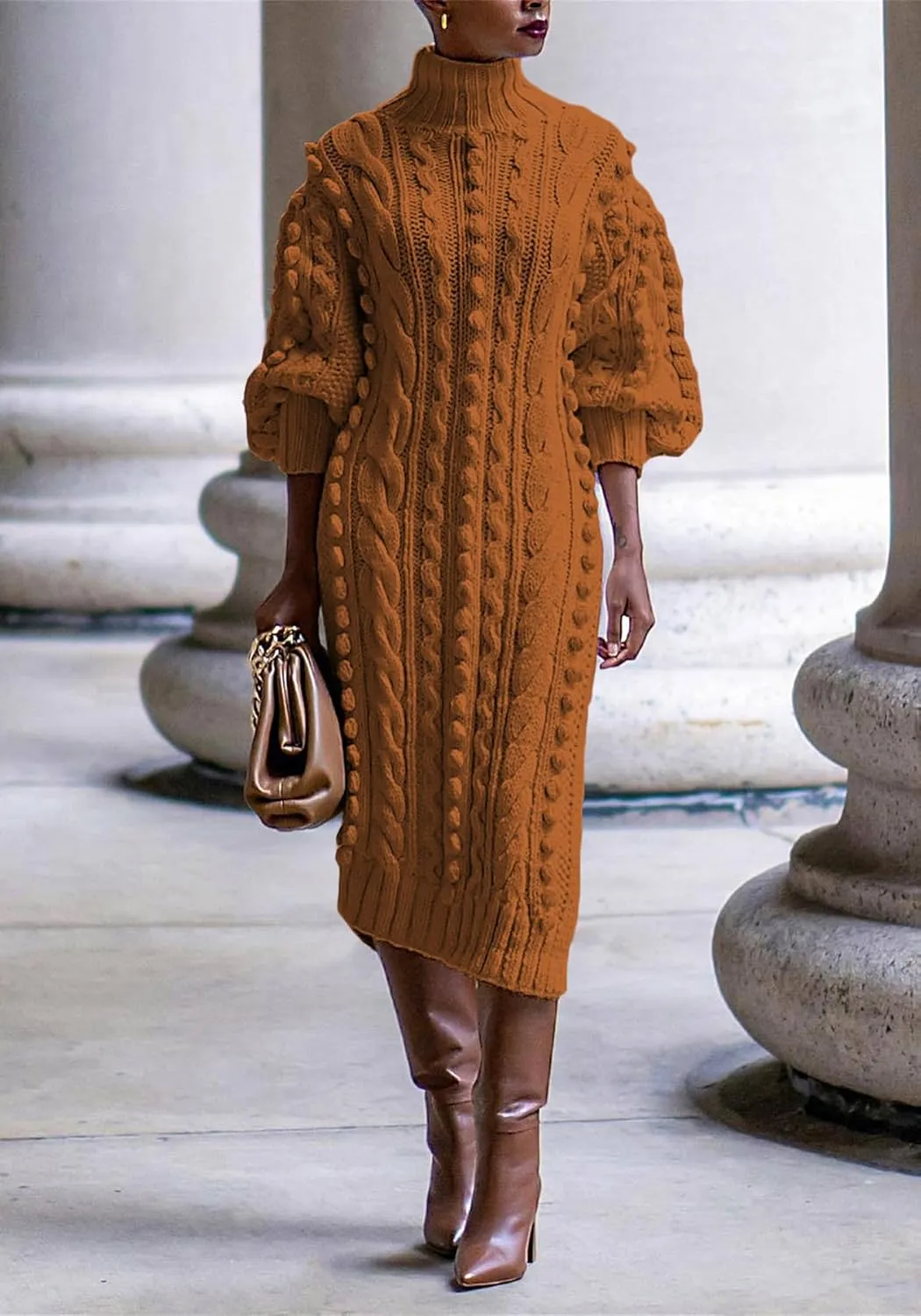Womens Turtleneck Sweater Maxi Dress Lantern Long Sleeve Ribbed Knit Bodycon Slit Dresses
