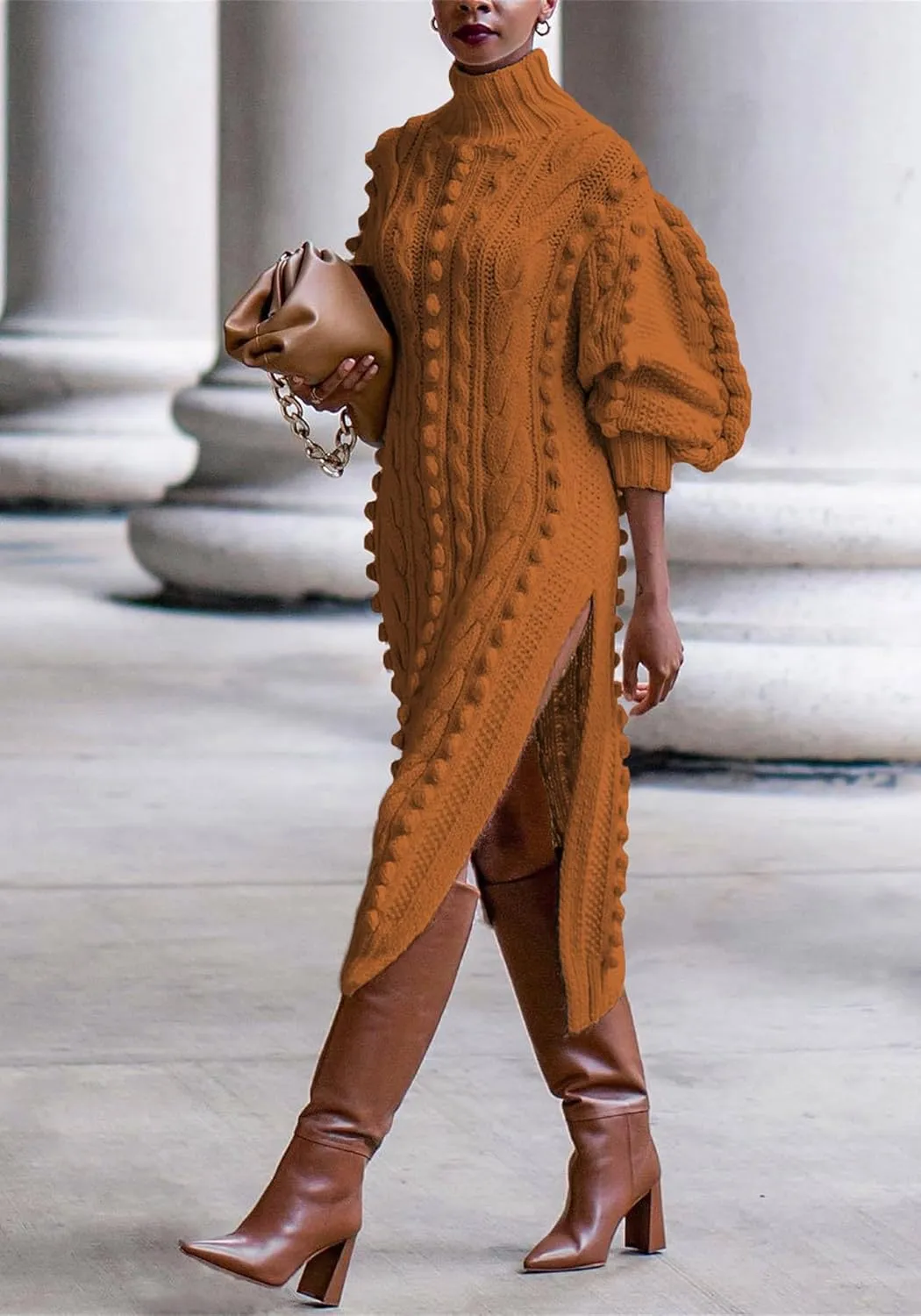 Womens Turtleneck Sweater Maxi Dress Lantern Long Sleeve Ribbed Knit Bodycon Slit Dresses