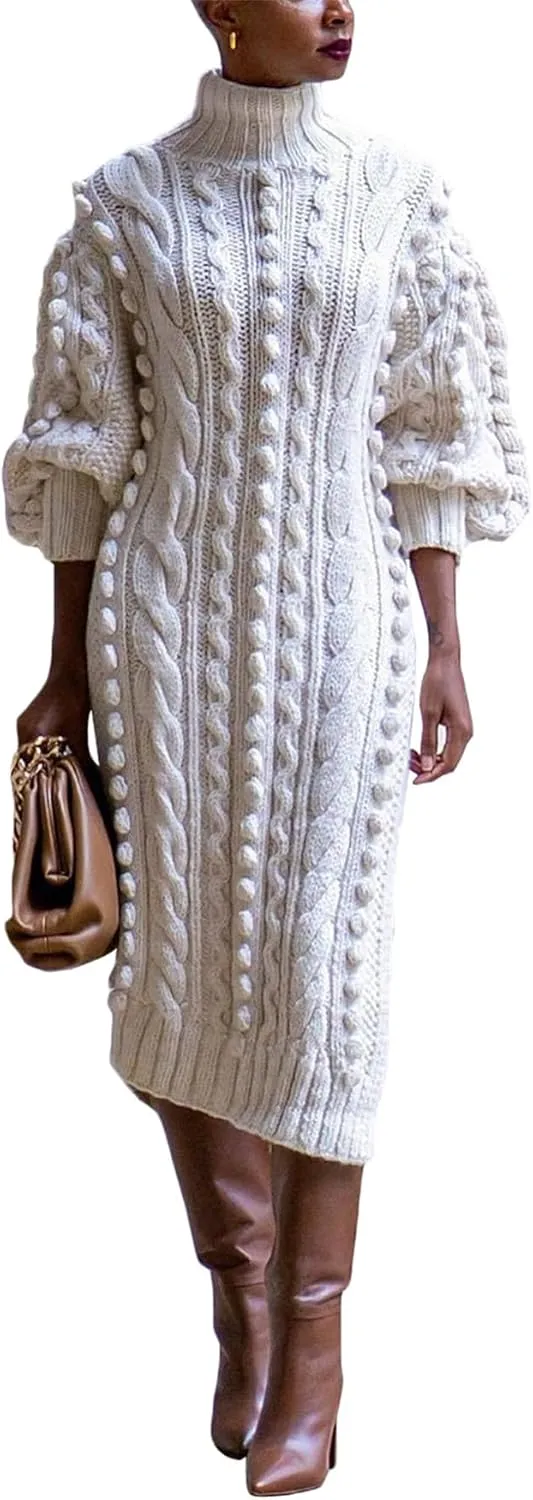 Womens Turtleneck Sweater Maxi Dress Lantern Long Sleeve Ribbed Knit Bodycon Slit Dresses