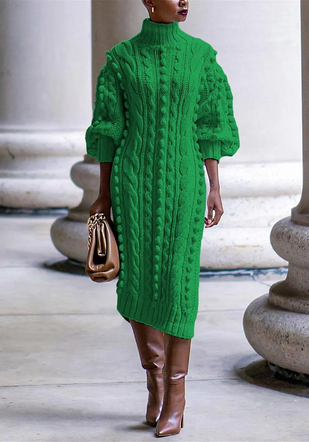 Womens Turtleneck Sweater Maxi Dress Lantern Long Sleeve Ribbed Knit Bodycon Slit Dresses