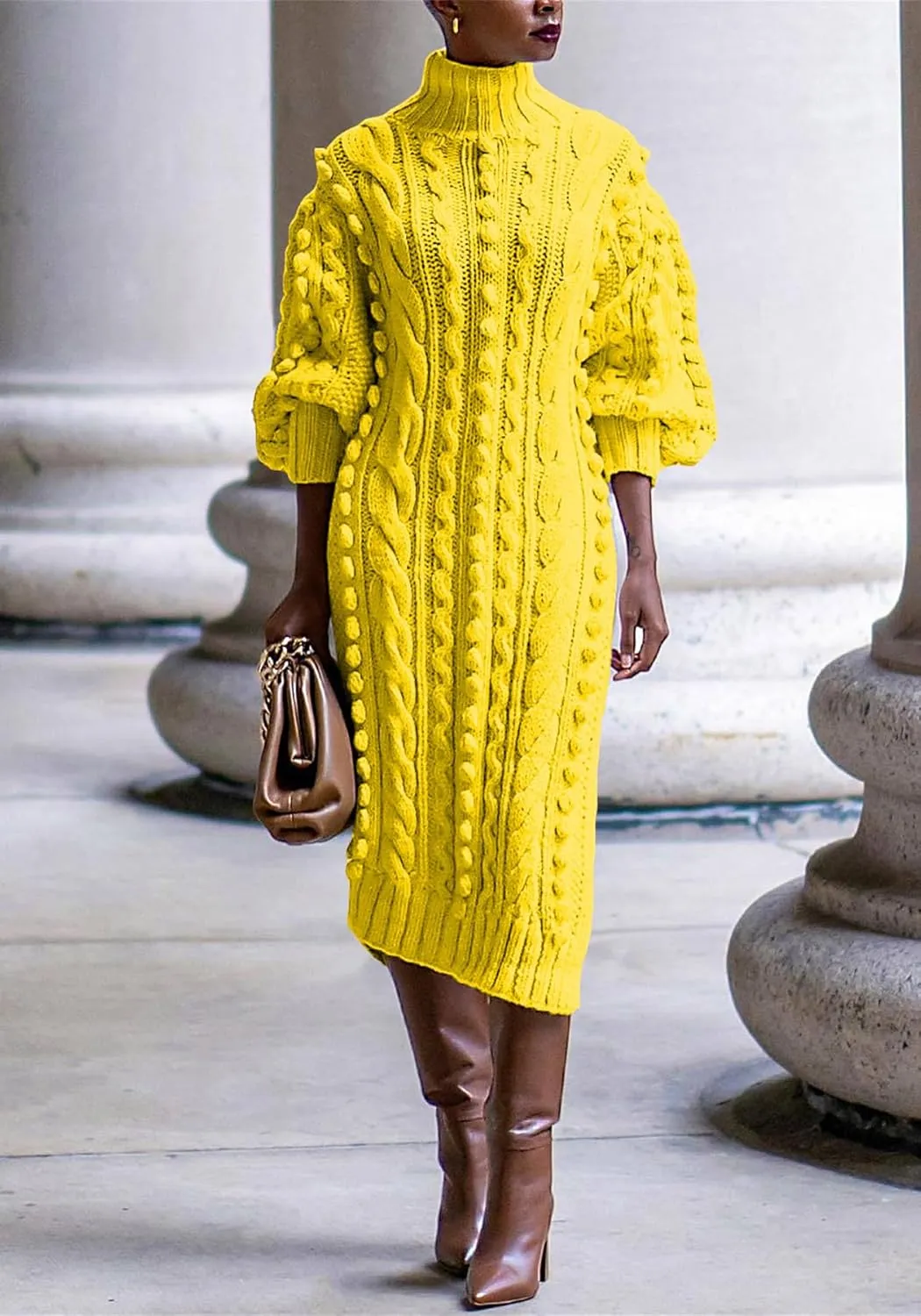Womens Turtleneck Sweater Maxi Dress Lantern Long Sleeve Ribbed Knit Bodycon Slit Dresses