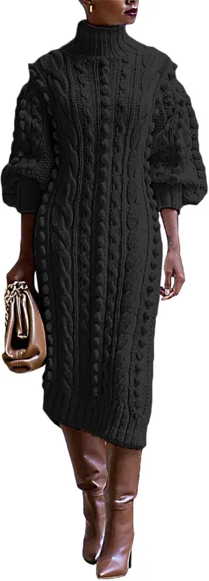 Womens Turtleneck Sweater Maxi Dress Lantern Long Sleeve Ribbed Knit Bodycon Slit Dresses