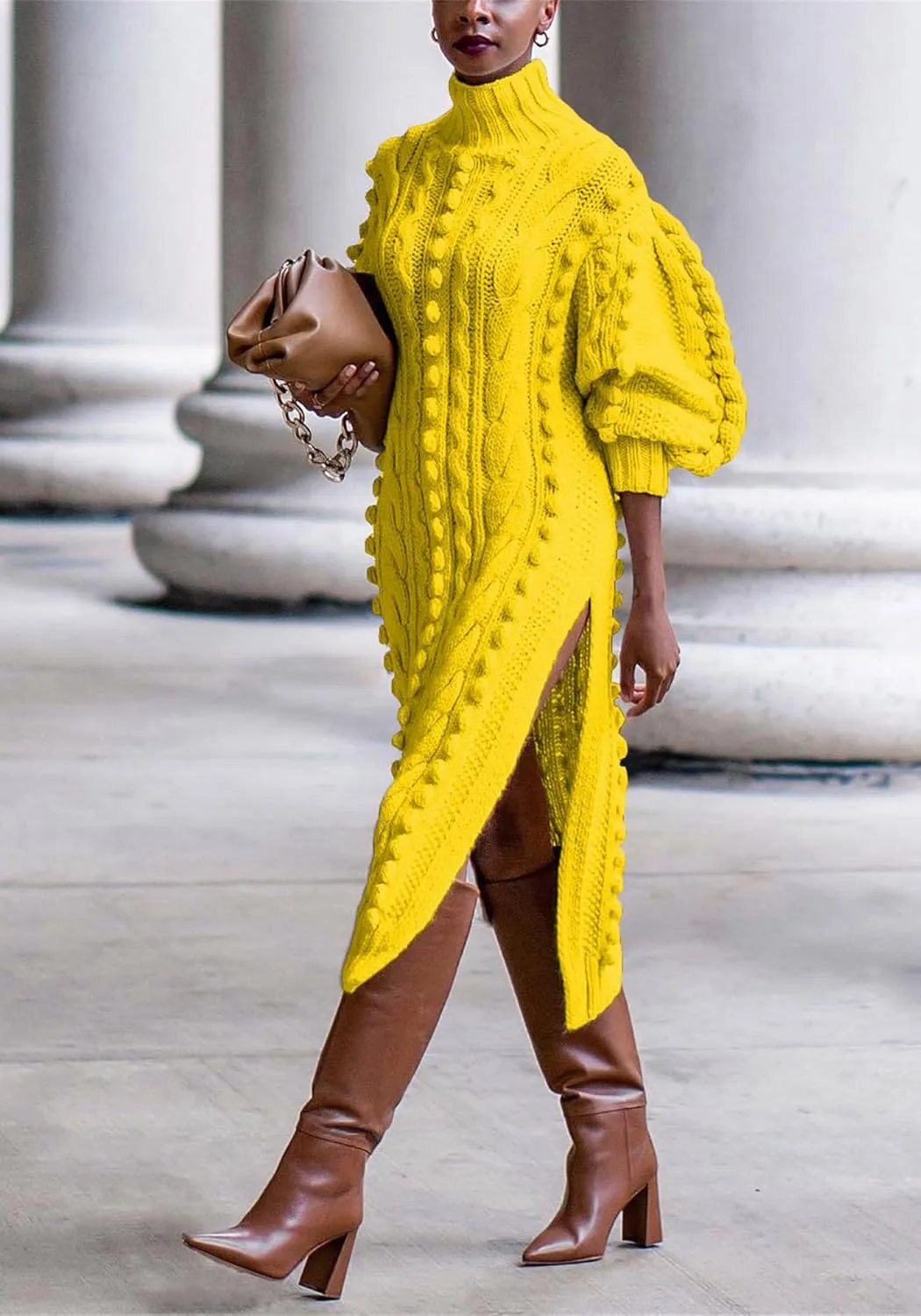 Womens Turtleneck Sweater Maxi Dress Lantern Long Sleeve Ribbed Knit Bodycon Slit Dresses