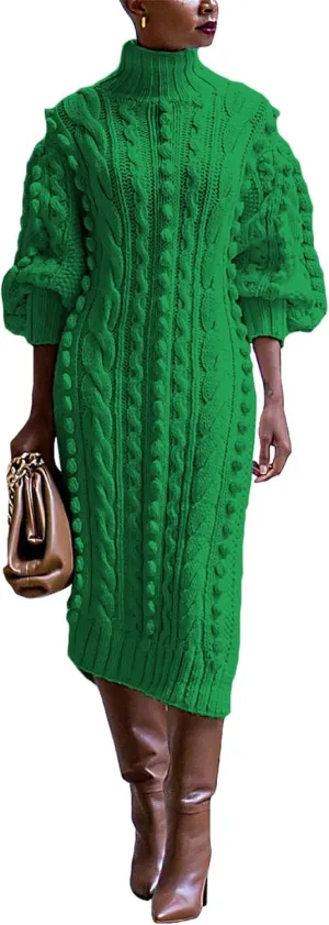 Womens Turtleneck Sweater Maxi Dress Lantern Long Sleeve Ribbed Knit Bodycon Slit Dresses