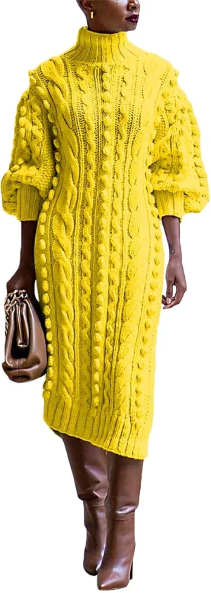 Womens Turtleneck Sweater Maxi Dress Lantern Long Sleeve Ribbed Knit Bodycon Slit Dresses