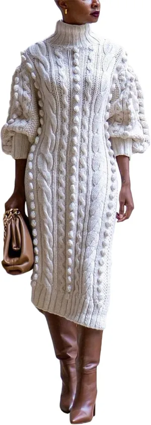 Womens Turtleneck Sweater Maxi Dress Lantern Long Sleeve Ribbed Knit Bodycon Slit Dresses