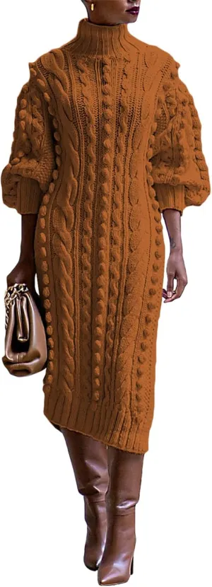 Womens Turtleneck Sweater Maxi Dress Lantern Long Sleeve Ribbed Knit Bodycon Slit Dresses