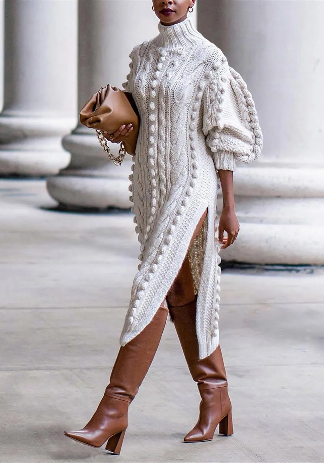 Womens Turtleneck Sweater Maxi Dress Lantern Long Sleeve Ribbed Knit Bodycon Slit Dresses