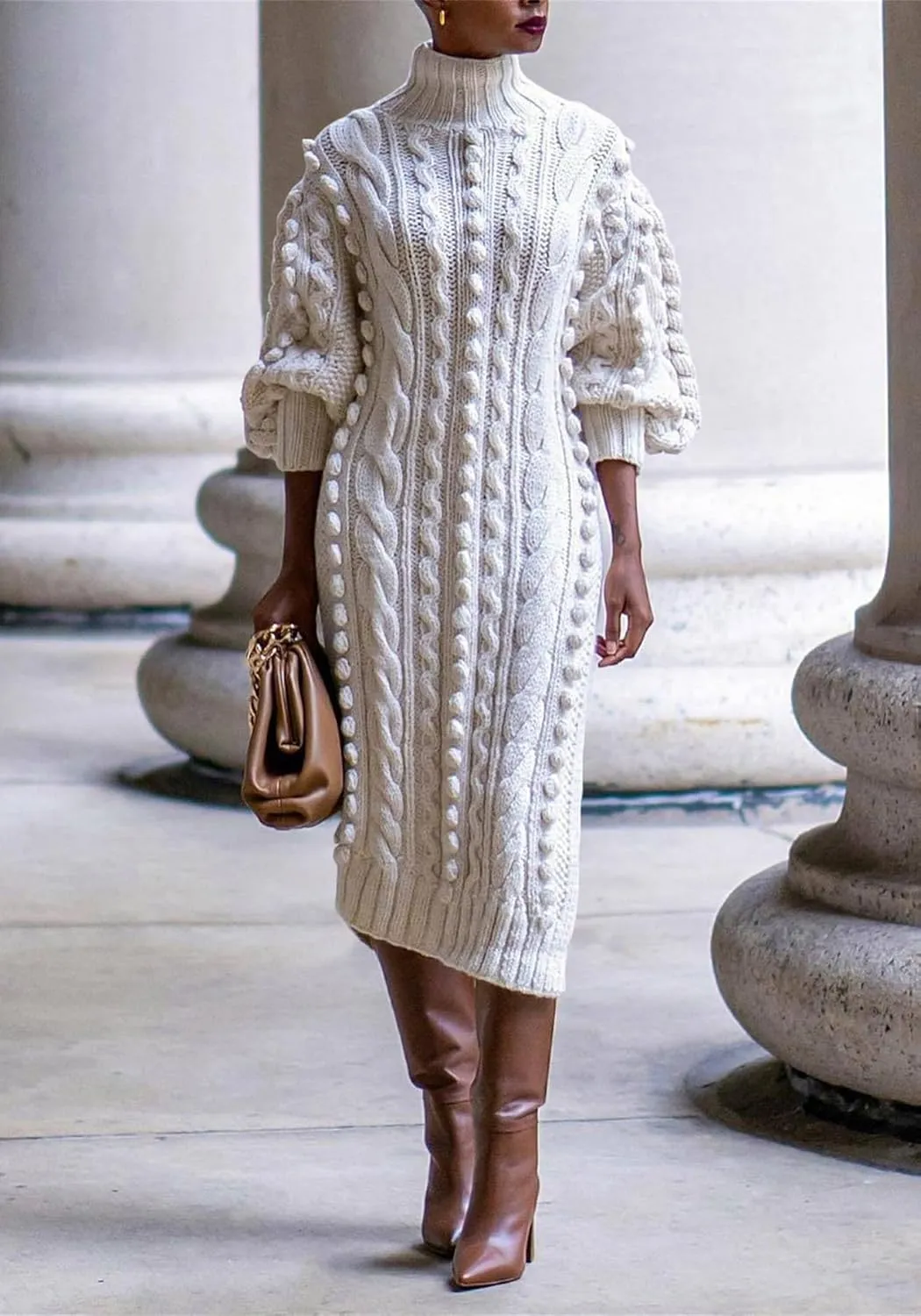 Womens Turtleneck Sweater Maxi Dress Lantern Long Sleeve Ribbed Knit Bodycon Slit Dresses