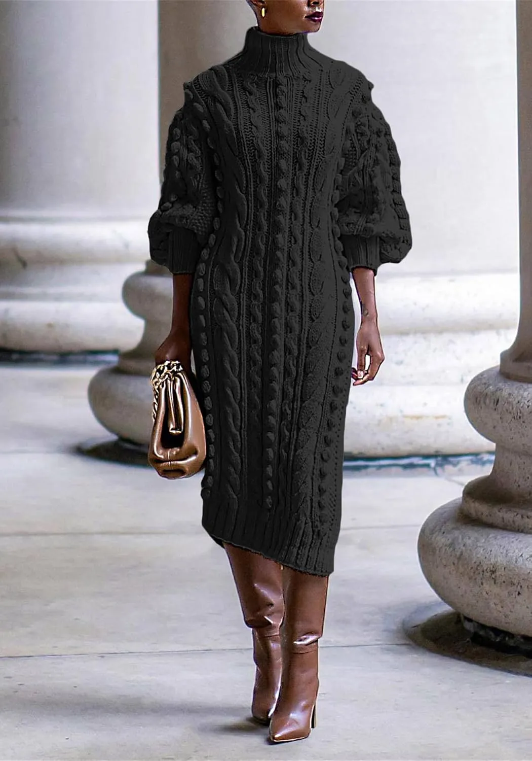 Womens Turtleneck Sweater Maxi Dress Lantern Long Sleeve Ribbed Knit Bodycon Slit Dresses