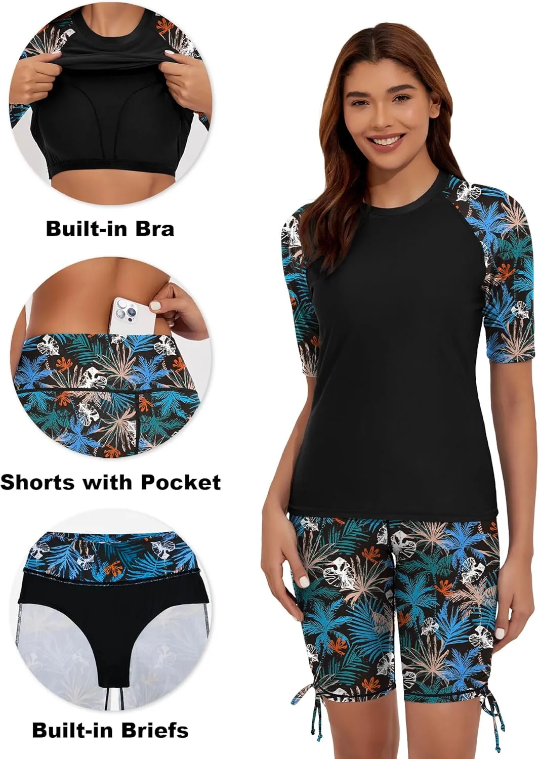 Women's Two Piece Rash Guard Swimsuits Short Sleeve Swim Shirts UPF 50  Built in Bra Bathing Suit with Boyshorts